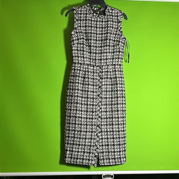 Donna Karan Houndstooth Metallic Tweed Crew Neck Sleeveless Sheath Dress - Picture 6 of 7